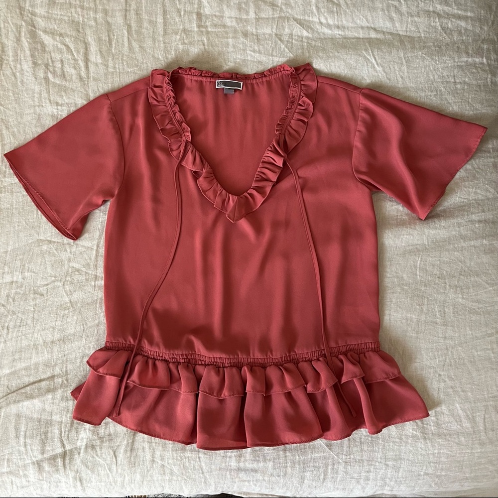 Chelsea28 Pink Ruffle Hem Split Neck Blouse